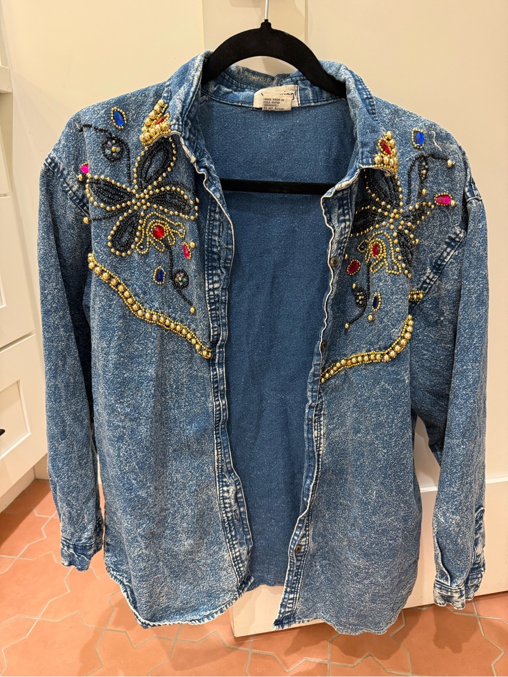 Acid wash 1980s denim women shirt jacket Embellished with Beadwork